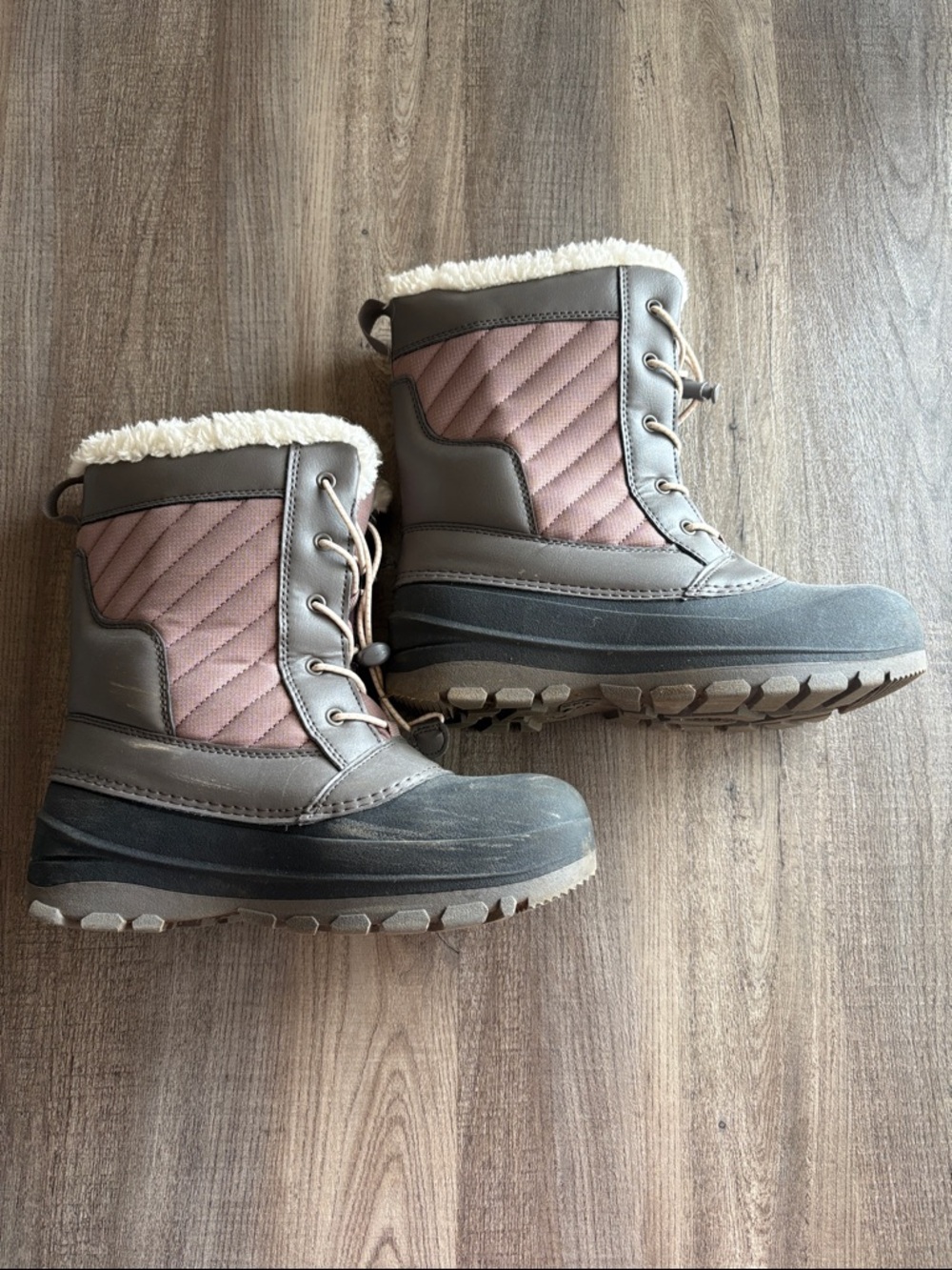 Quilted Brown & Taupe Winter Snow Boots with Faux Fur Trim